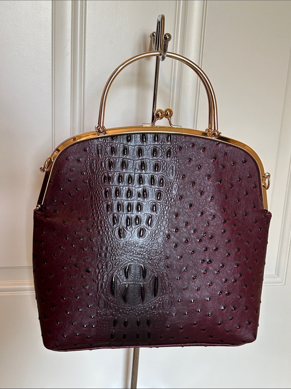 Elegant Burgundy Ostrich & Croc Print Kiss Lock Top Handle Bag NWOT